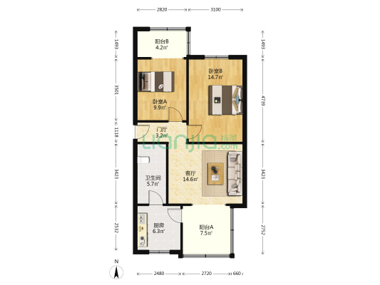 四道街9号 2室1厅1卫 72平方