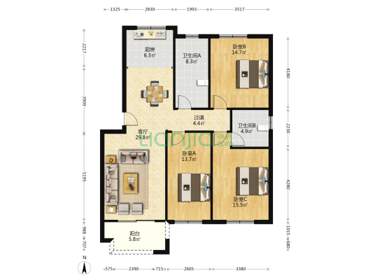 春晓锦园 3室1厅2卫 121平方