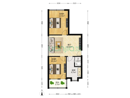 慧园街 2室1厅1卫 58平方