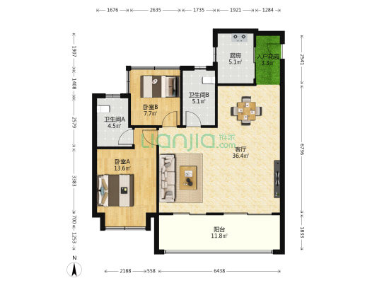华润昆御府 2室1厅2卫 96平方