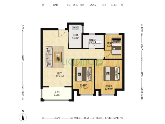 安粮秀山城市广场四期 3室1厅1卫 91平方