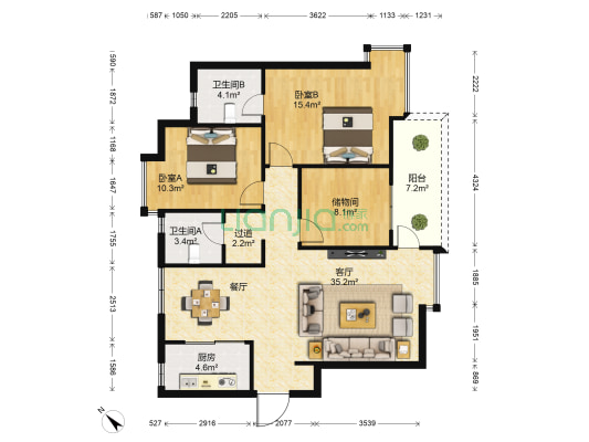 龙耀苑 2室1厅2卫 119平方