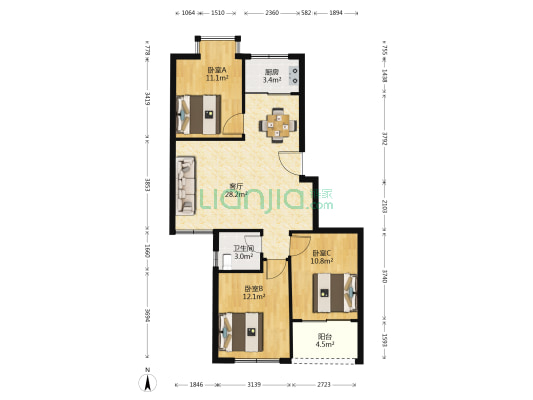 丁香园 3室1厅1卫 94平方