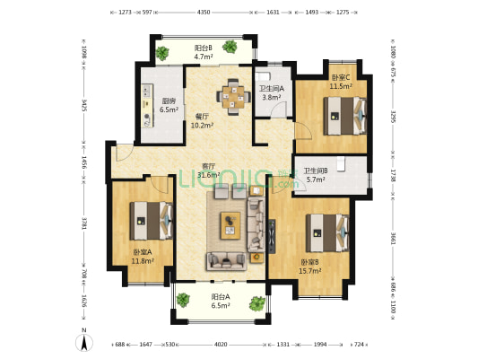 绿地未来城 3室2厅2卫 124平方
