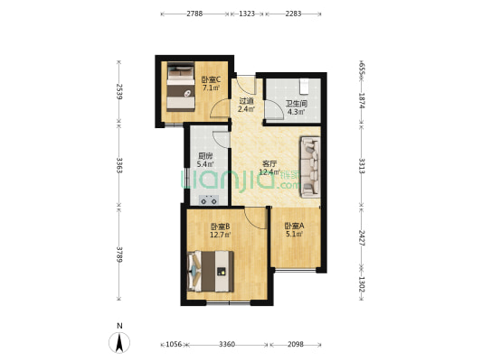 青岛印象湾D区 3室1厅1卫 65平方