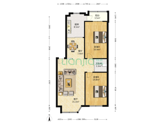 华宇花园二期 2室2厅1卫 110平方