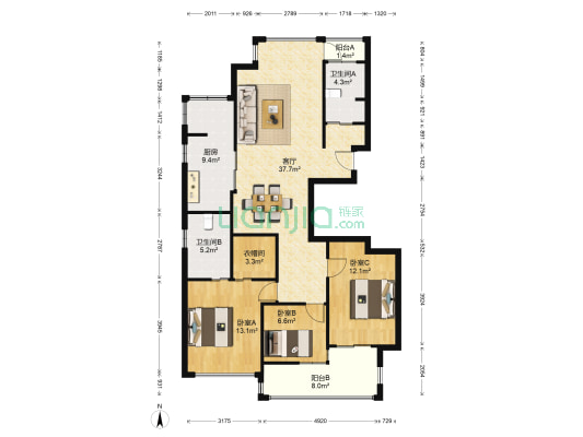 广厦天都城爵士花园 3室1厅2卫 127平方