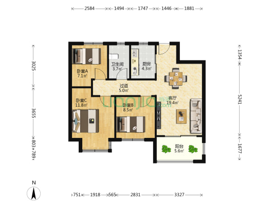 煌盛中央都荟 3室1厅1卫 89平方