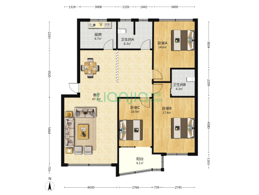 银海花园 3室1厅2卫 132平方