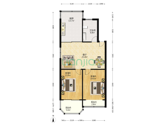 听松坊小区 2室1厅1卫 98平方