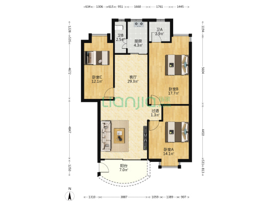 富丽花园 3室1厅2卫 95平方