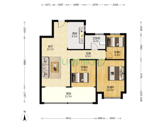 银洲蝶湖中心悦府 3室1厅1卫 109平方