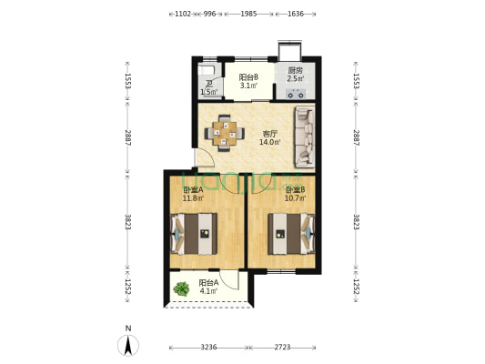 民主二路24号 2室1厅1卫 60平方