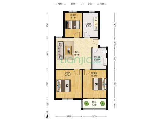 香樟花园 3室1厅1卫 90平方