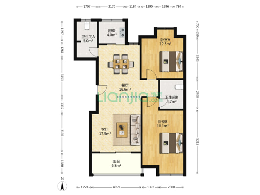 阳光里 2室2厅2卫 103平方