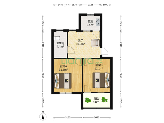 西园新村 2室1厅1卫 56平方