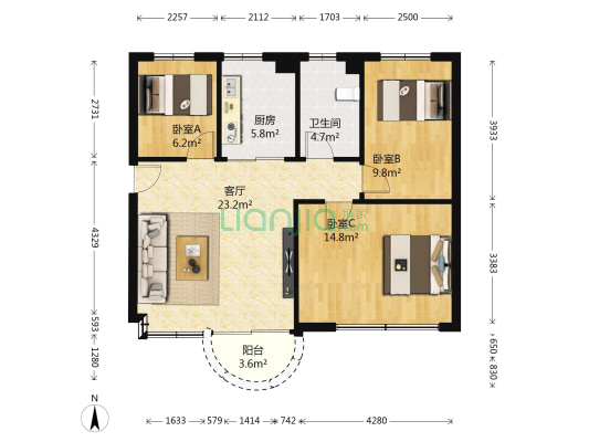 常丰花园 3室1厅1卫 76平方
