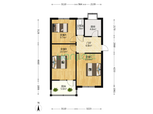 浴新南大街192号院 3室0厅1卫 64平方