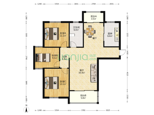 众悦华城 3室1厅1卫 128平方