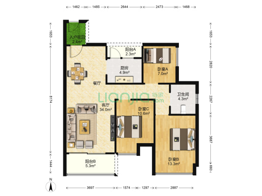 未来方舟H4组团 3室1厅1卫 110平方