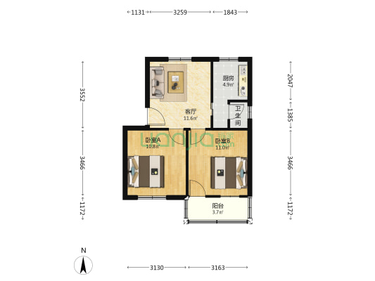 铁路小区 2室1厅1卫 51平方