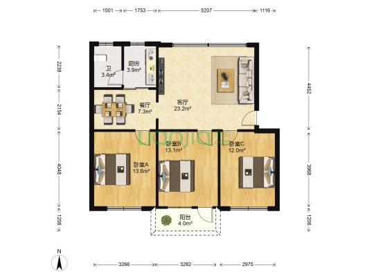 苏州路61号 3室2厅1卫 104平方