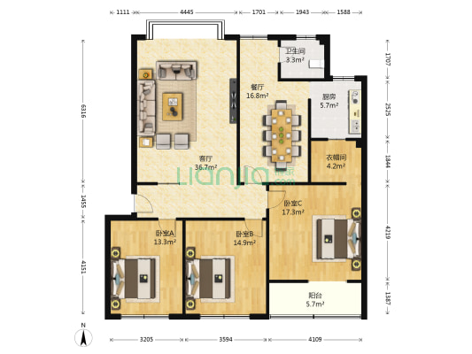 荣鑫苑 3室2厅1卫 140平方