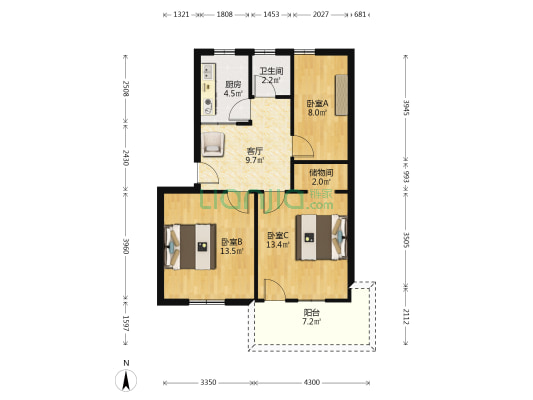 邮电干休所宿舍 3室1厅1卫 79平方