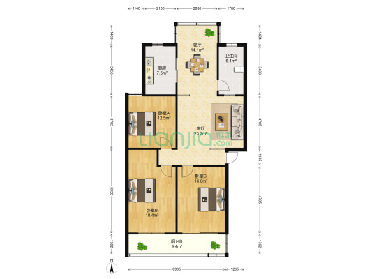 景怡花苑 3室2厅1卫 132平方
