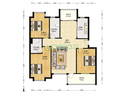 亲亲家园二期 3室1厅2卫 117平方
