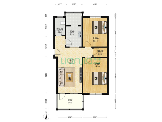 山大南路15-2号 2室1厅1卫 88平方