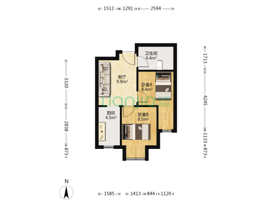 蔚蓝国际 2室1厅1卫 60平方
