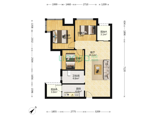 上置雅宾利 3室1厅1卫 71平方