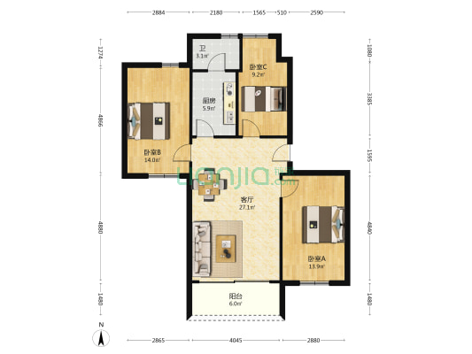 嘉湖苑小区 3室1厅1卫 101平方