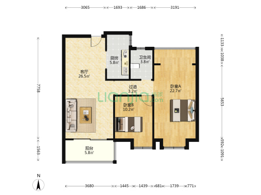 晨钟艺境 2室1厅1卫 97平方
