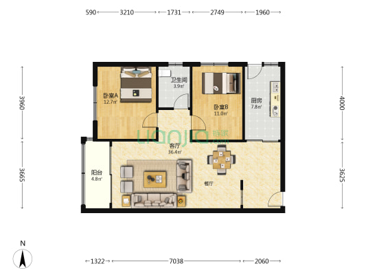 晓晖阁 2室1厅1卫 88平方