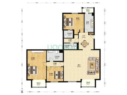 雅宝公寓 3室1厅3卫 139平方