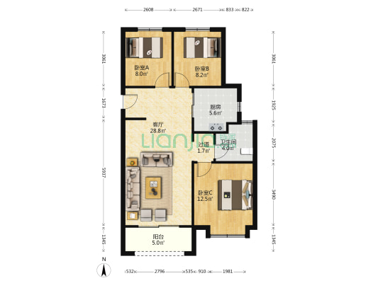 远洋·万和四季 3室1厅1卫 105平方