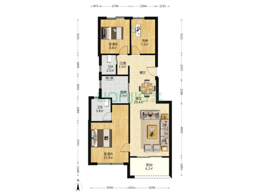 万科坤和·湛蓝云镜 3室1厅2卫 99平方