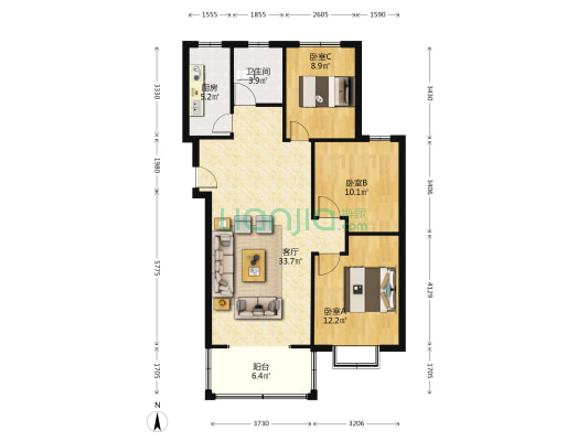 涿州开发区平安D区南北三居室房本满二精装诚意出售-户型图