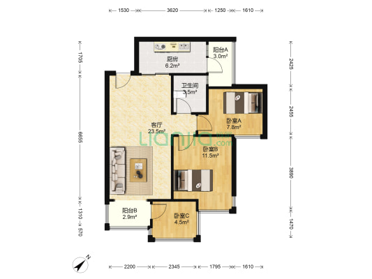保利林语 3室1厅1卫 83平方