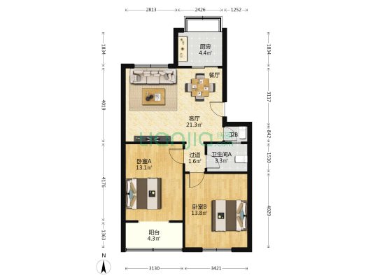 中铁电化局清华苑 2室1厅2卫 74平方