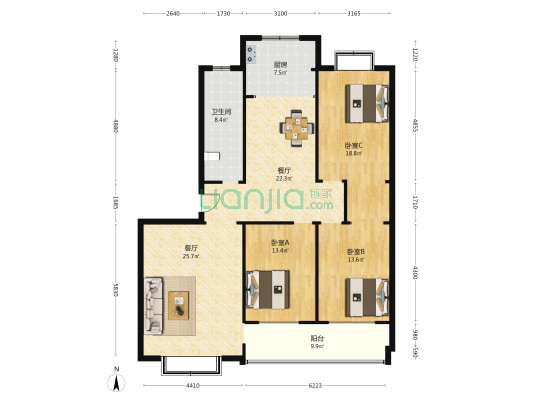 金岚水景园 3室2厅1卫 158平方