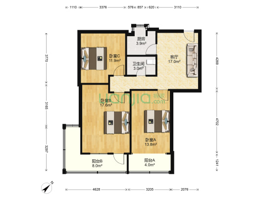 安静后街 3室1厅1卫 104平方