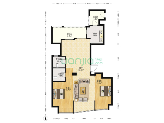 亚厦·阳光海岸 2室1厅2卫 143平方