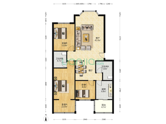 教师园区 3室1厅2卫 122平方