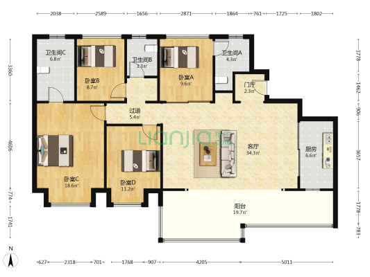 天恒傲云天府 4室1厅3卫 169平方