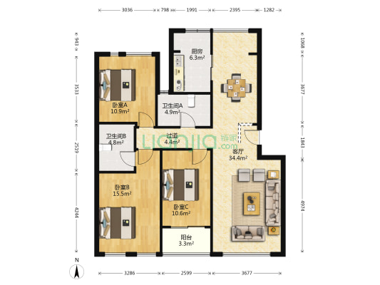 蓝山国际公寓 3室1厅2卫 112平方