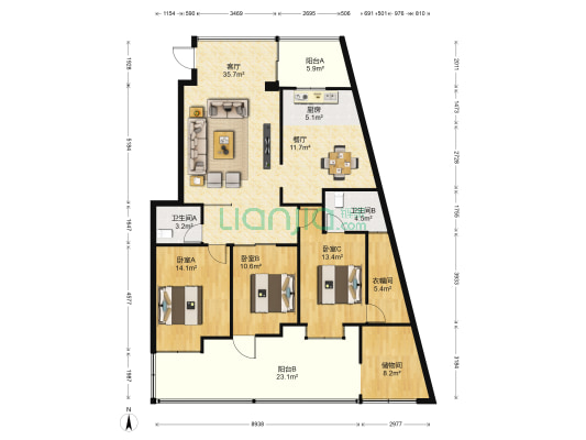 新城丽景 3室2厅2卫 96平方
