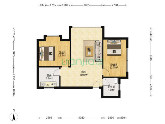 竹韵新馆 2室1厅1卫 82平方